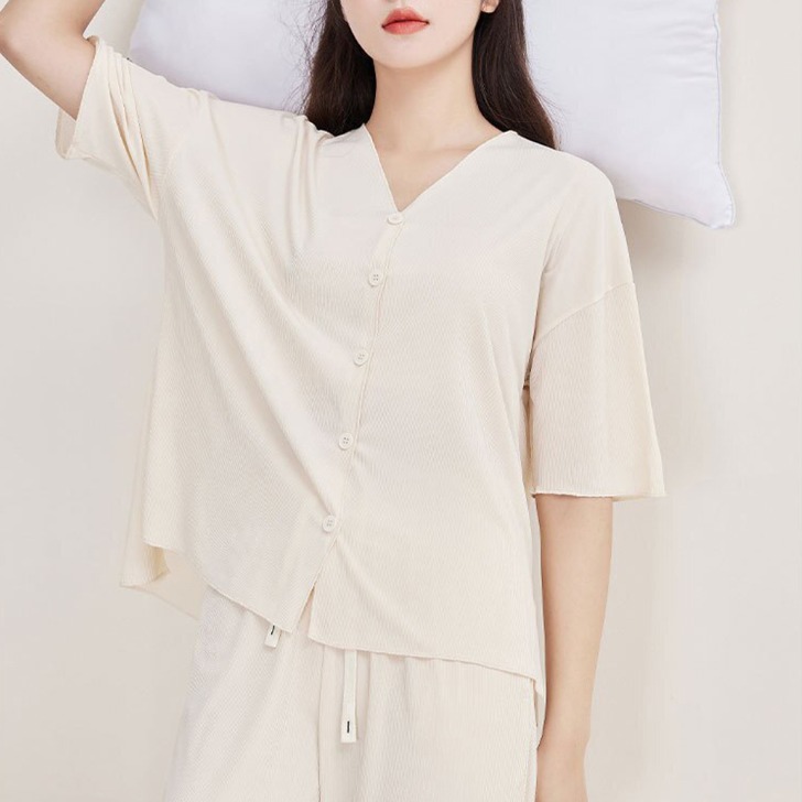 (해외) 여자 봄 여름 아이스 실크 실내복 잠옷 파자마 편안한 홈웨어  상의 하의 세트