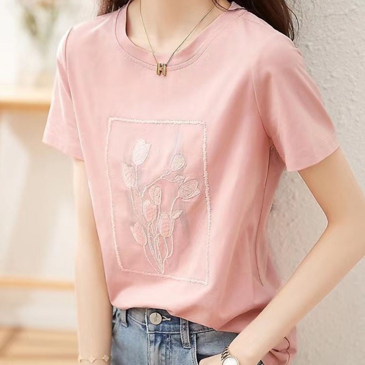 (해외) 여름 여자 캐주얼 반팔 라운드 티셔츠 여성스런 꽃 자수 핑크
