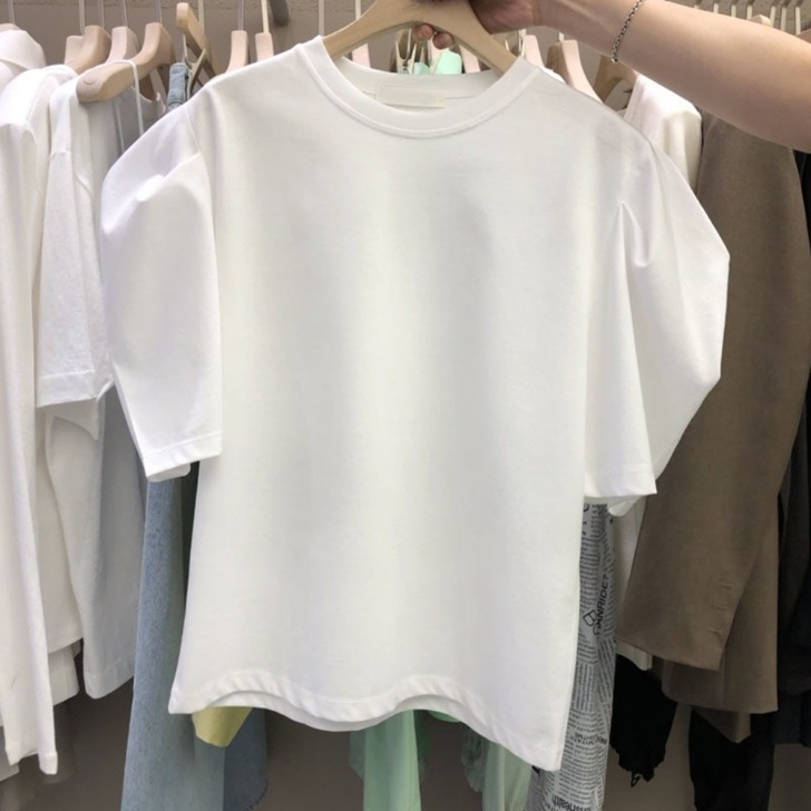 (해외) 여자 면스판 퍼프 소매 반팔 티셔츠