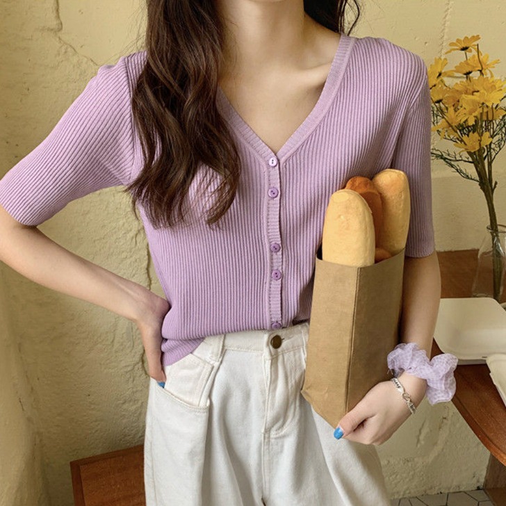 (해외) 여자 여름 가디건형 V넥 스웨터 반팔 티셔츠