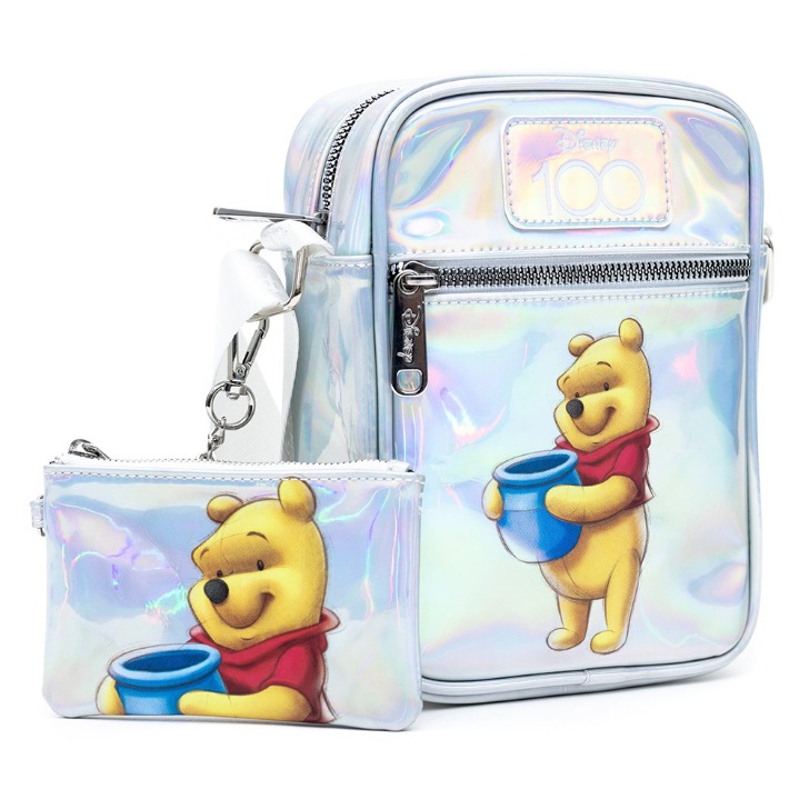 (해외) 곰돌이 푸 홀로그램 미니 크로스백 작은 가방과 동전지갑 세트 비건 레더 버클다운