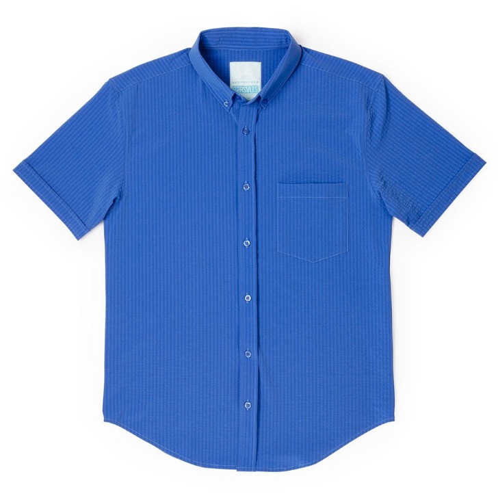 (해외) 시원한 스트레치 시어써커 파란색 여름 남자 반팔 솔리드 남방 셔츠- RSVLTS