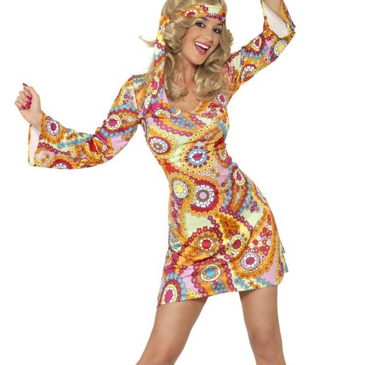 (해외) 60년대 여자 히피 코스프레 의상 코스튬 드레스와 머리띠