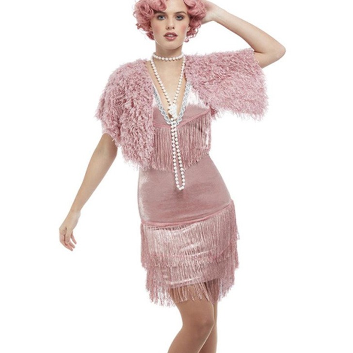 (해외) 1920년대 여자 빈티지 플래퍼 의상 코스프레 핑크 짧은 드레스 할로윈 코스튬 파티복