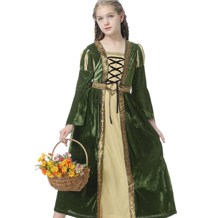 화려한 르네상스 중세 공주 드레스 여아 할로윈 코스튬 그린 의상