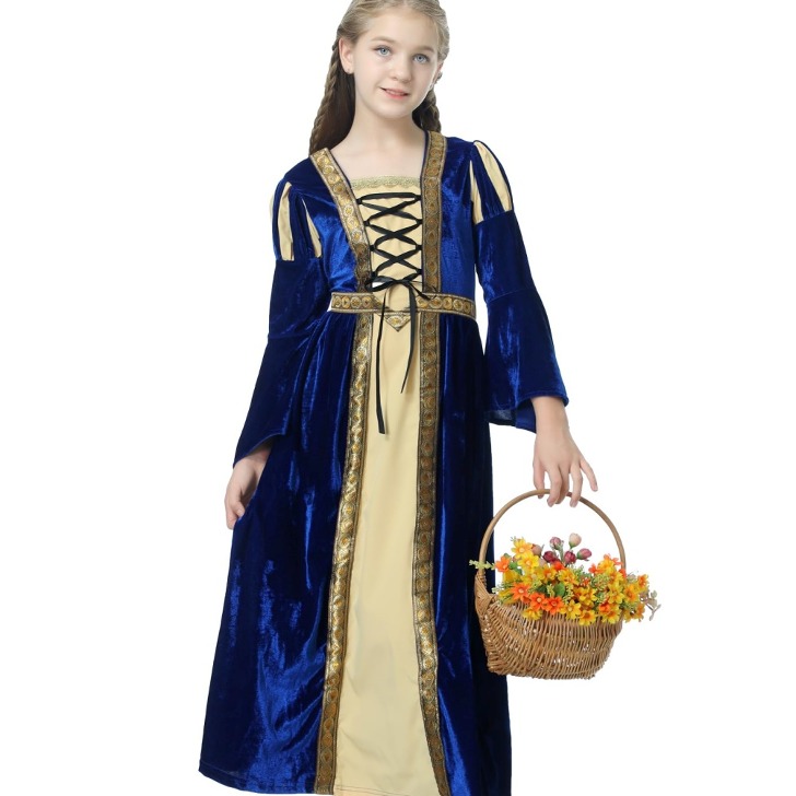화려한 르네상스 중세 공주 드레스 여아 할로윈 코스튬 블루 의상