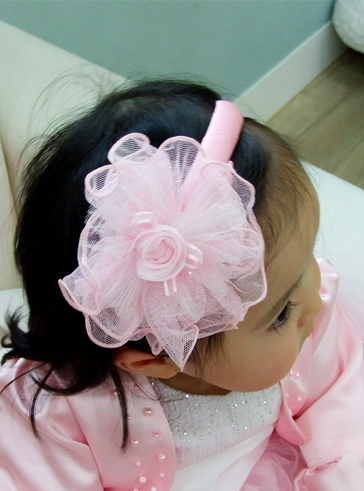 핑크 망사 코사지  머리띠 (유아 아기 여아 아동 어린이 공주머리띠)