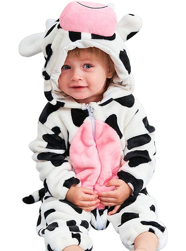 (해외) 젖소 동물 코스튬 남녀공용 아기 유아 따뜻한 퍼 겨울 외출복 우주복 후드 롬퍼