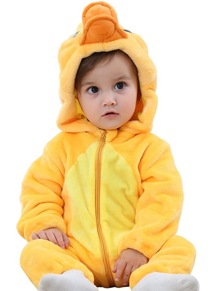 (해외) 노랑 오리 동물 코스튬 남녀공용 아기 유아 따뜻한 퍼 겨울 우주복 외출복 후드 롬퍼